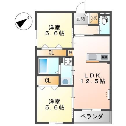 エーグレイス中広(2LDK/1階)の間取り写真