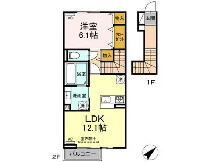 ユニヴェールII D棟(1LDK/2階)の間取り写真
