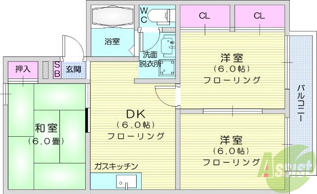 アメニティゾーン河原町1(3DK/2階)の間取り写真