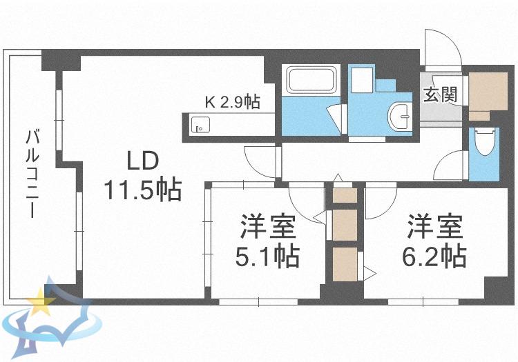 レジディア北3条(2LDK/8階)の間取り写真