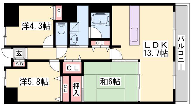 ラヴィーヌ砥堀(3LDK/2階)の間取り写真