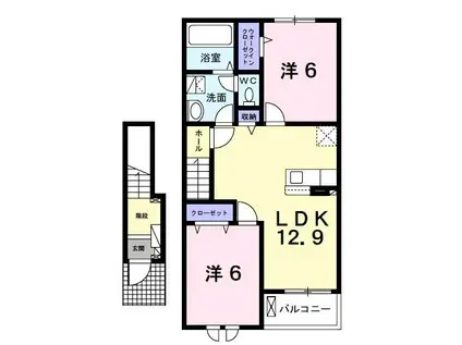 ＪＲ内房線 五井駅 バス乗車時間：13分 最寄りバス停で下車 徒歩7分 2階建 築1年(2LDK/2階)の間取り写真