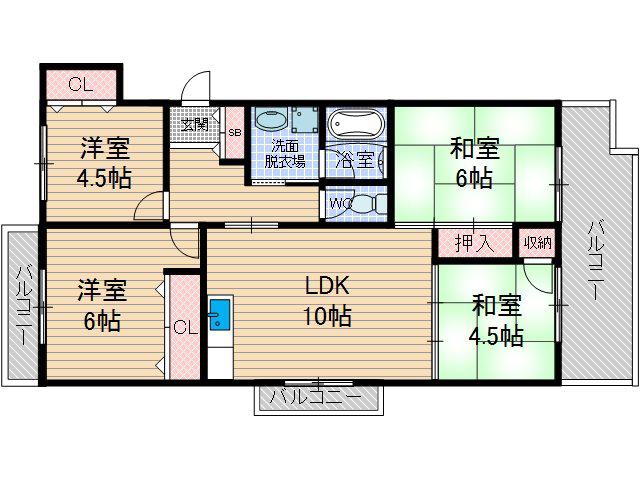 尾勝山ハイツ(4LDK/3階)の間取り写真