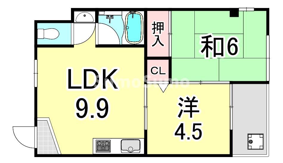 芦屋第一コーポラス(2LDK/2階)の間取り写真