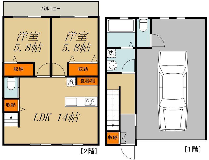 坂戸市ガレージハウス A棟(2LDK/1階)の間取り写真