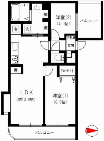 ウィンビュー磯子(2LDK/4階)の間取り写真