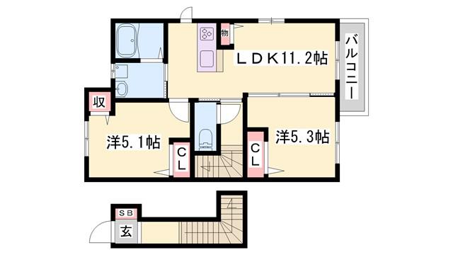 シャーメゾンヒメコウライグリーン(2LDK/2階)の間取り写真