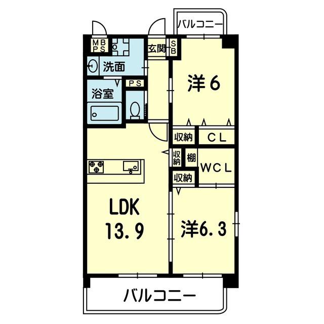ピュアシティ出水(2LDK/2階)の間取り写真