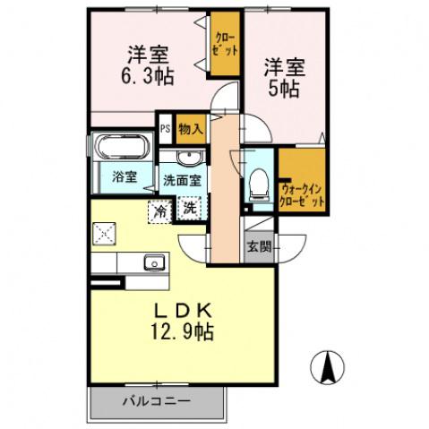 エスポワール西脇(2LDK/3階)の間取り写真