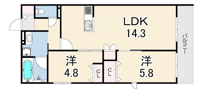 HEBEL MAISON 甲東園(2LDK/2階)の間取り写真