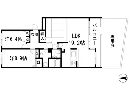 ラ・ビスタ宝塚ウエストウイング3番館(2LDK/1階)の間取り写真