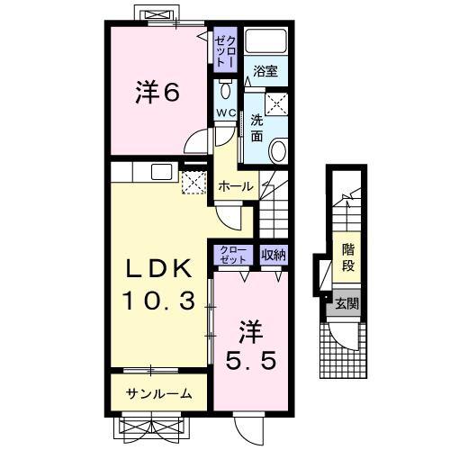 ラプ・ソ・ディインブルー(2LDK/2階)の間取り写真