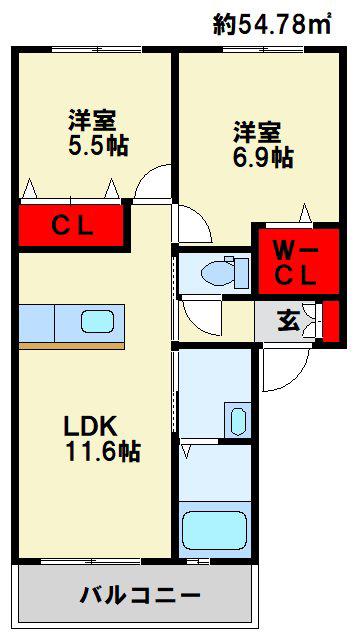 サンアベニュー葛原II(2LDK/2階)の間取り写真