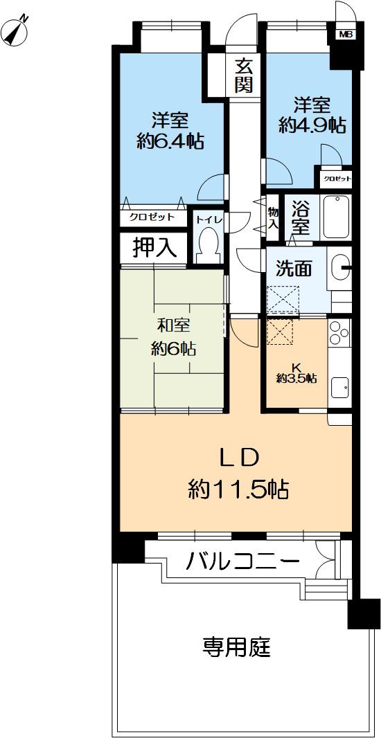 ヴィルヌーブ本山中町(3LDK/1階)の間取り写真