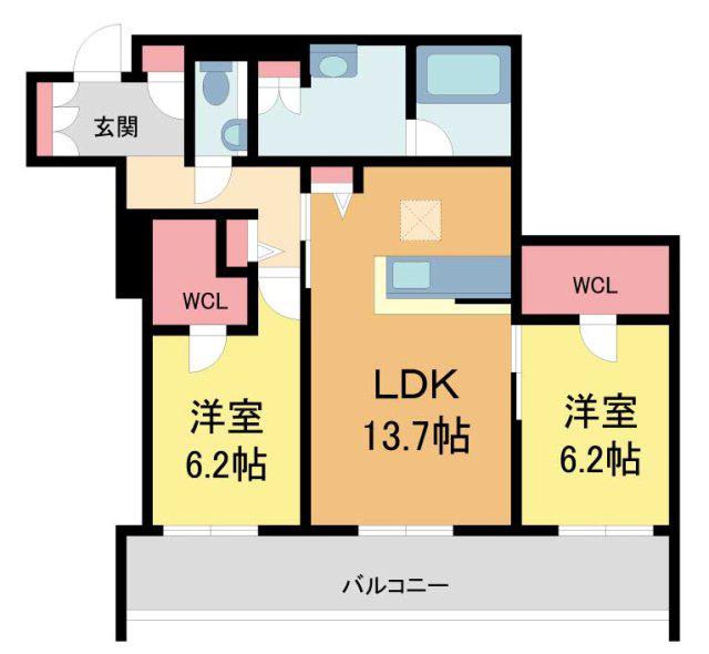 CELFENA宝塚・川面 HAUTDOGAMME(2LDK/2階)の間取り写真