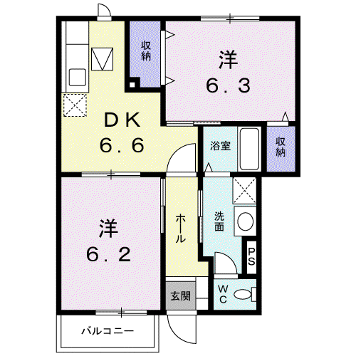 パルテール南 B棟(2DK/1階)の間取り写真