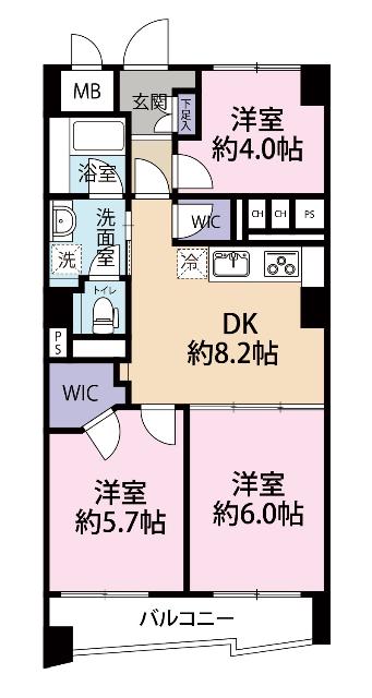 日商岩井市川マンション(3DK/7階)の間取り写真