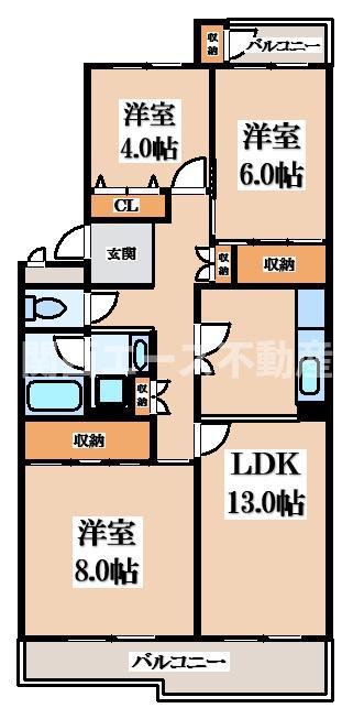 住道駅前8号棟(3LDK/5階)の間取り写真