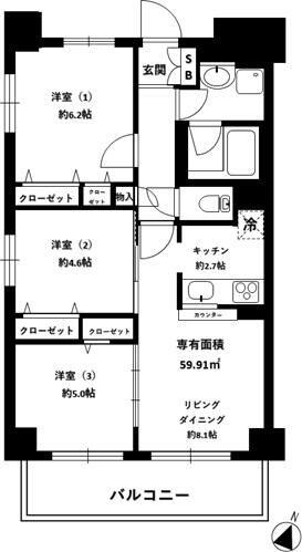 サニーリヴ北新横浜(3LDK/5階)の間取り写真