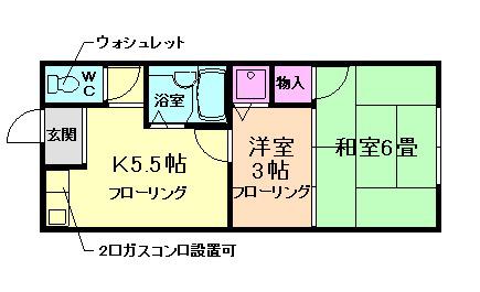 サンヴェルデ石橋(2K/2階)の間取り写真