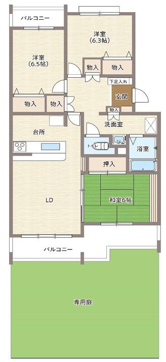 東香里野村マンション 庭付(3LDK/1階)の間取り写真
