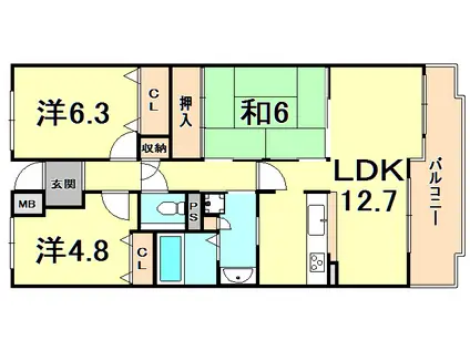 白鷹香枦園マンション(3LDK/5階)の間取り写真