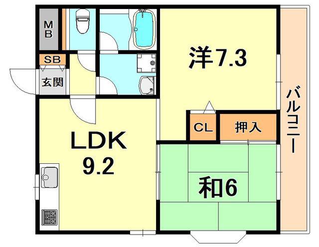 ラヴェール六甲(2DK/2階)の間取り写真