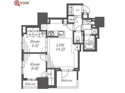 プラウドタワー栄パークアリーナ(2LDK/13階)の間取り写真