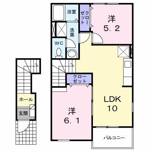 ボヌール美夜古泉B棟(2LDK/2階)の間取り写真