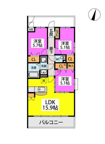 ラ・カリーナ(3LDK/5階)の間取り写真