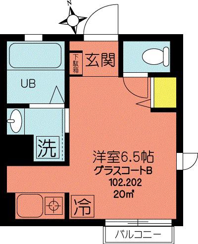 グラスコートB(ワンルーム/2階)の間取り写真