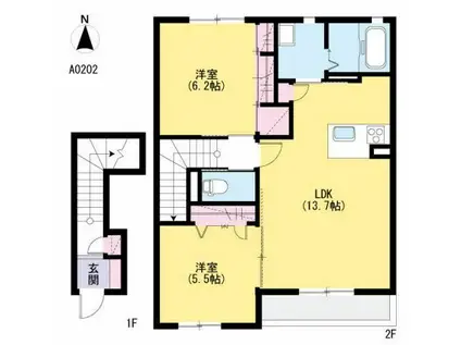 シャーメゾン見晴台A(2LDK/2階)の間取り写真