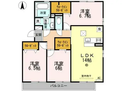 ウィルコート小郡給領町 A・B A棟(3LDK/1階)の間取り写真