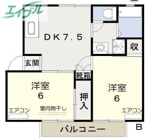 グリーンガーデンハイツB棟(2DK/2階)の間取り写真