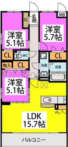 ハッピネス若葉台II(3LDK/3階)の間取り写真