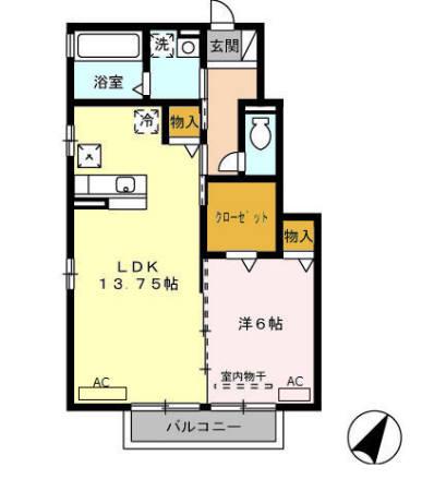ソシエ B棟(1LDK/1階)の間取り写真