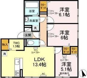 ル・シーニュ平岡(3LDK/1階)の間取り写真
