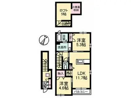 プロムノワール湯田温泉駅前 アルザス A棟(2LDK/2階)の間取り写真