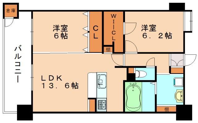 ニューガイア飯塚北(2LDK/9階)の間取り写真