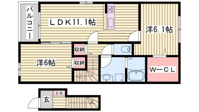 ヴィラ ドゥ グレーヌ梅ケ谷D(2LDK/2階)の間取り写真