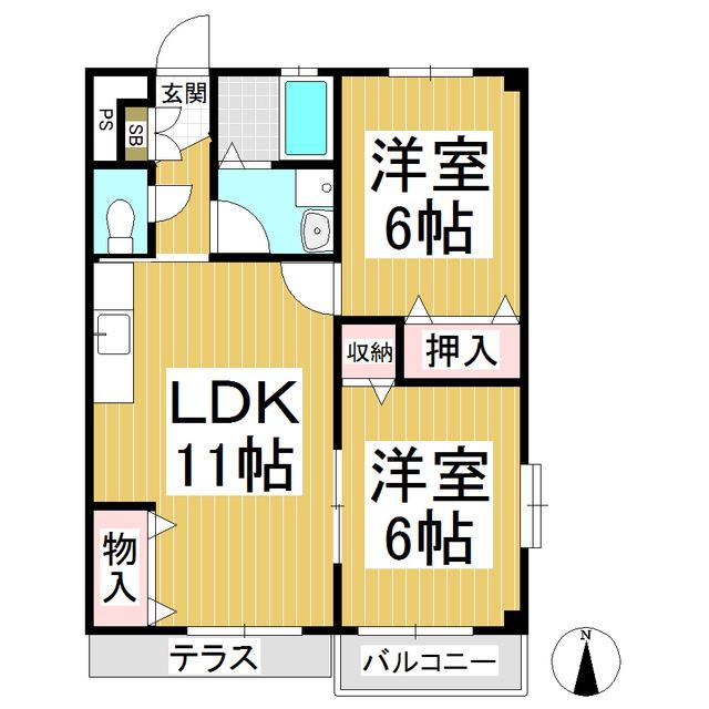 サンハイツ中川 B棟(2LDK/2階)の間取り写真
