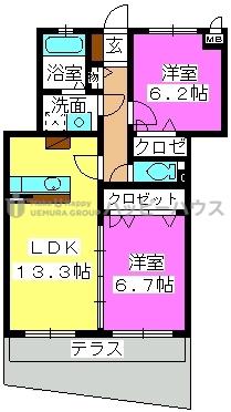 ＪＲ鹿児島本線 二日市駅 徒歩9分 3階建 築23年(2LDK/1階)の間取り写真