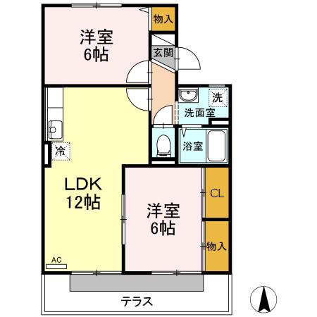 ヴィルヌーブB棟(2LDK/1階)の間取り写真