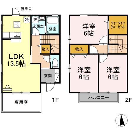 メルベーユB棟(3LDK/1階)の間取り写真