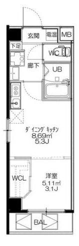せれにて 04(1DK/7階)の間取り写真
