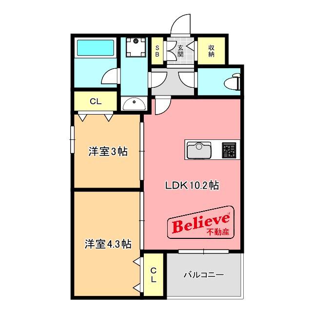 GLANZ 六ツ門(2LDK/2階)の間取り写真