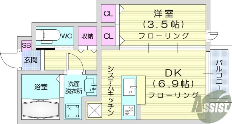 コンフォール萩野町(1DK/1階)の間取り写真