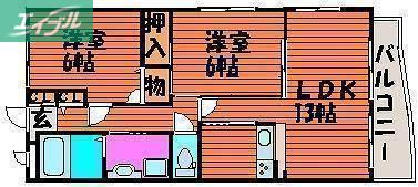 カサブランカ奥田(2LDK/3階)の間取り写真