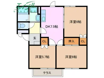 アドバンスA棟(3DK/1階)の間取り写真