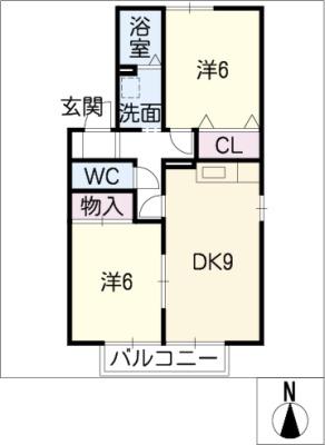 アヴェニール幸B(2DK/1階)の間取り写真
